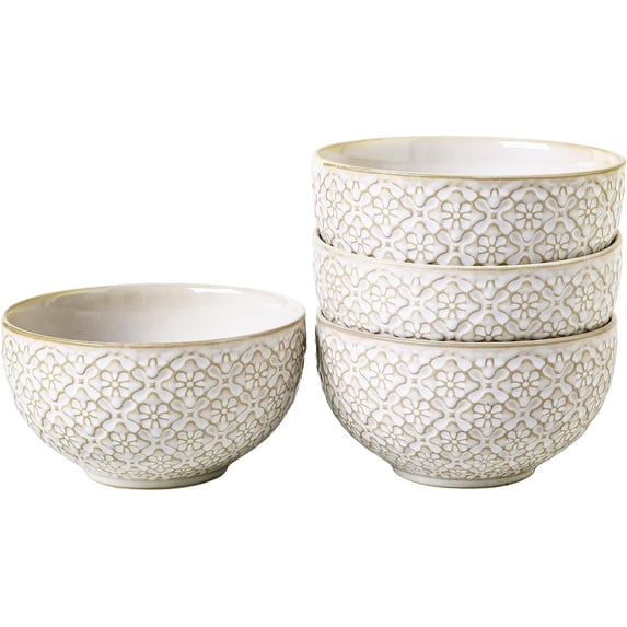 Set of 4 6 Inch 26oz Embossed Ceramic Soup Cereal Bowls, Microwave Dishwasher Safe Kitchen Serving Dishes for Salad Pho Breakfast Ramen Rice, Decorative Housewarming Gift