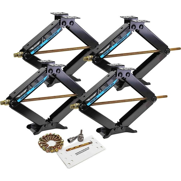 Set of 4 9K lb Heavy Duty 24" RV Trailer Camper Stabilizer Leveling Scissor Jacks w/Dual Power Drill Sockets & Complete Set of Mounting Hardware -Model# 26098