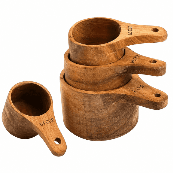 Set of 4 Acacia Wood Measuring Cups, Stackable Kitchen Measure Tool with Handle, Baking and Cooking Measuring Set, Handcrafted with Polish Finish, 4 Size