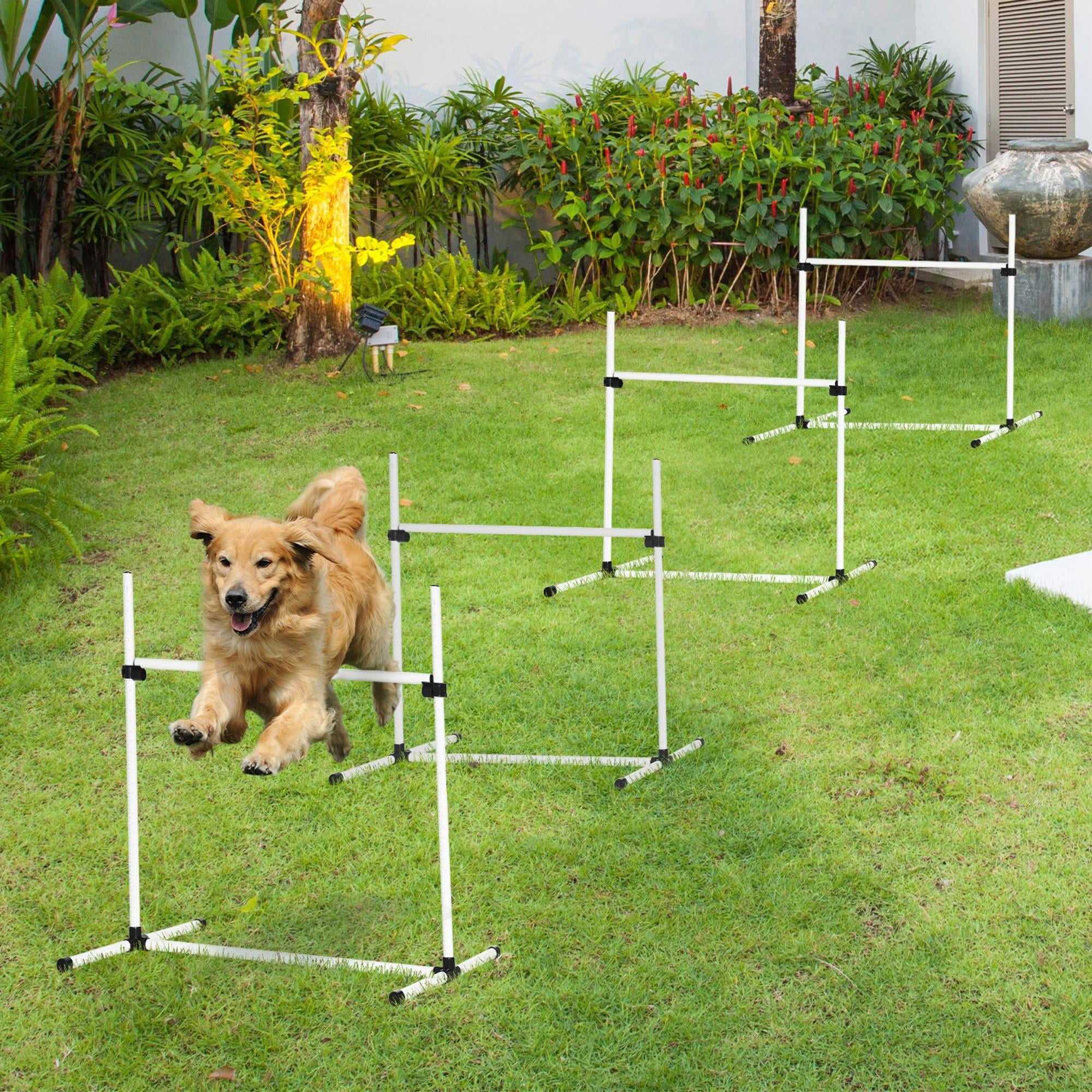 Set of 4 Adjustable Dog Jump Bars, 37in Wide Blue PE PVC ABS Agility Training Jumps with Fall-Off Top Bar Carry Bag, Dog Agility Equipment for Beginner Advanced Exercises