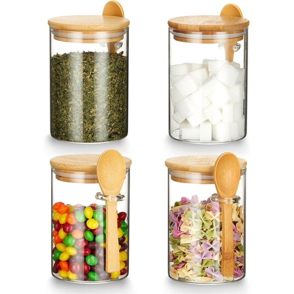 Set of 4 Airtight Glass Jars with Bamboo Lids & Spoons, Borosilicate Overnight Oats Containers, Clear Food Storage Canister for Cookie, Candy, Coffee, Sugar, Matcha Tea, Flour