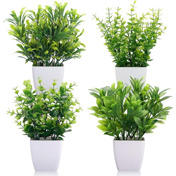 Set of 4 Artificial Plants Fake Mini Potted Plant Small Greenery Decor for Indoor Home Farmhouse Aesthetic Bedroom Shelf Office Desk Bathroom Decoration