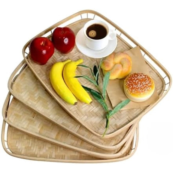 Set of 4 Bamboo Wicker Serving Trays for Foods & Drinks, Rectangular Breakfast Lap Trays with Handles Wooden Decorative Platters for Coffee Table, Bed Eating$$Home Decor, Kitchen, & Other