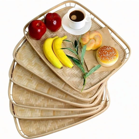 Set of 4 Bamboo Wicker Serving Trays for Foods Drinks Rectangular Breakfast Lap Trays with Handles Wooden Decorative Platters for Coffee Table Bed Eating
