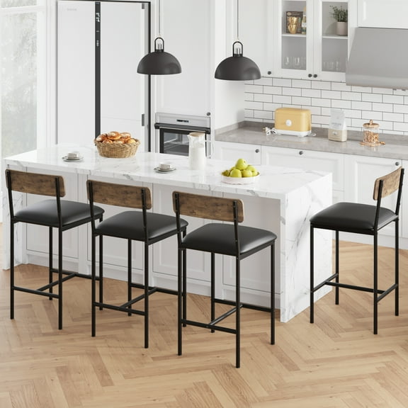 Set of 4 Bar Stools – 25.5" Counter Height PU Leather Upholstered Chairs with Backrest & Footrest, Rustic Brown, Easy Assembly, Ideal for Kitchen Island or Dining Room – Vintage Color