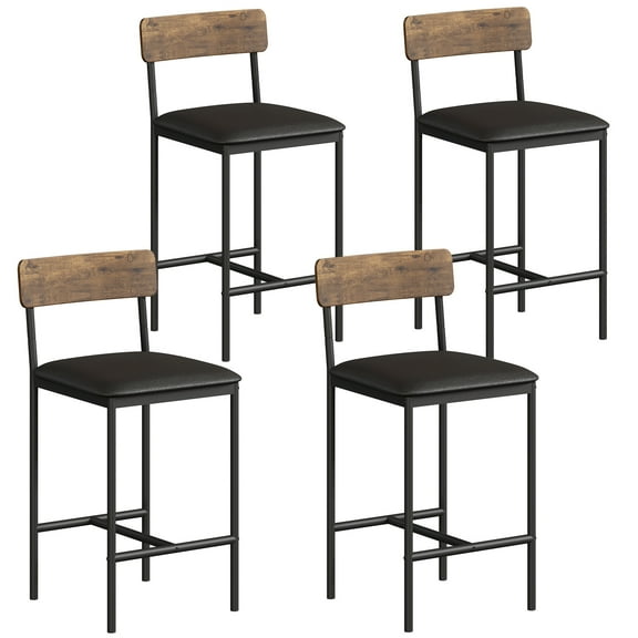 Set of 4 Bar Stools with Backrest and Footrest, 25.5 Inch Counter Height Upholstered Barstools, Wide Padded Seat for Kitchen Island, Dining Room, Bar Counter, Easy Assembly, Brown
