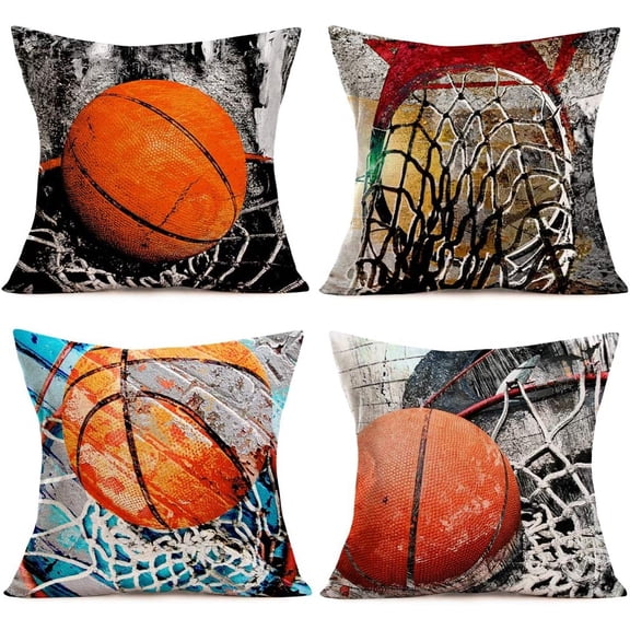 Set of 4 Basketball Throw Pillow Covers with Vintage Basketball Hoop Decorative Square Pillow Cases Encourage Dream Theme Home Outdoor Decorative Pillows Cushion Cover Men Gifts