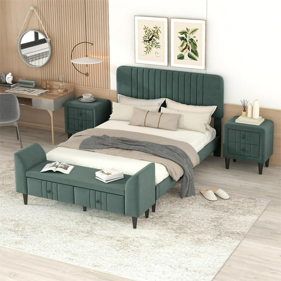 Set of 4 Bedroom Furniture Set, Full Size Upholstered Platform Bed with 2 Nightstands and 1 Storage Bench, 4pcs Storage Bed Set for Kids Adults Bedroom, Mattress not Included, Green
