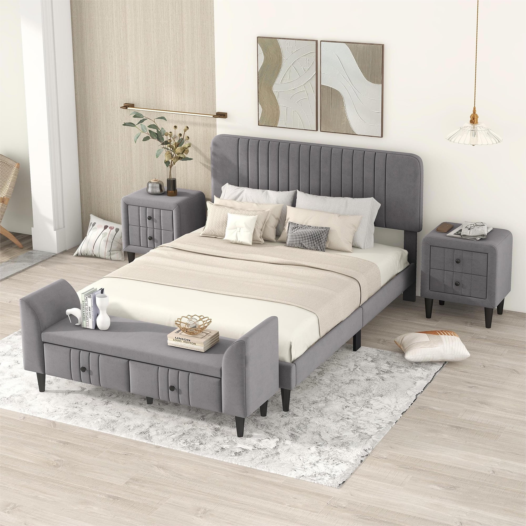 4pcs Queen Size Bedroom Furniture Set with Upholstered Platform Bed, 2 ...