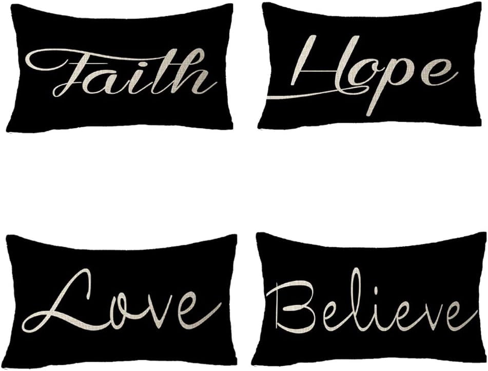 Set of 4, Best Blessing Gift Faith Hope Love Believe Family Friend Gift Black Background Cotton Linen Decorative Throw Pillow Cover Cushion Case Lumbar 12x20 inches
