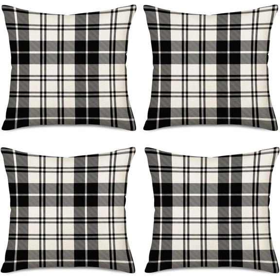 Set of 4 Black and White Buffalo Plaid Pillow Covers 16x16 Inch Outdoor Christmas Check Throw Pillow Cover Winter Farmhouse Decorations Pillow Cases Cotton Linen for Sofa Couch Home Decor