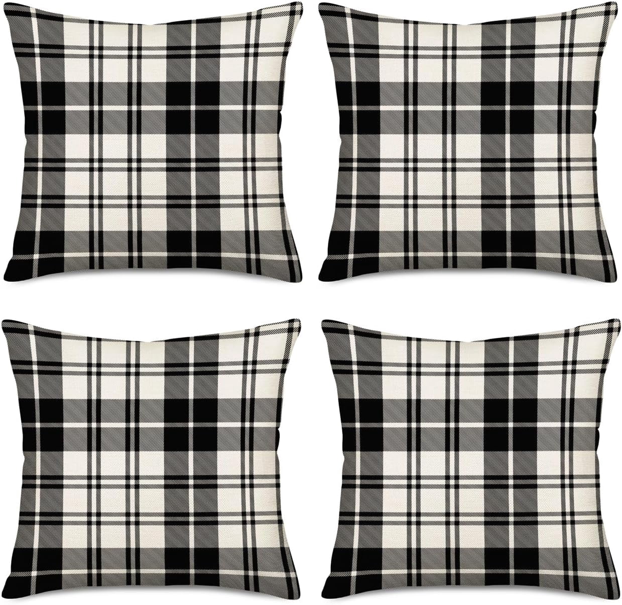 Set of 4 Black and White Buffalo Plaid Pillow Covers 18x18 Inch Outdoor Christmas Check Throw Pillow Cover Winter Farmhouse Decorations Pillow Cases Cotton Linen for Sofa Couch Home Decor