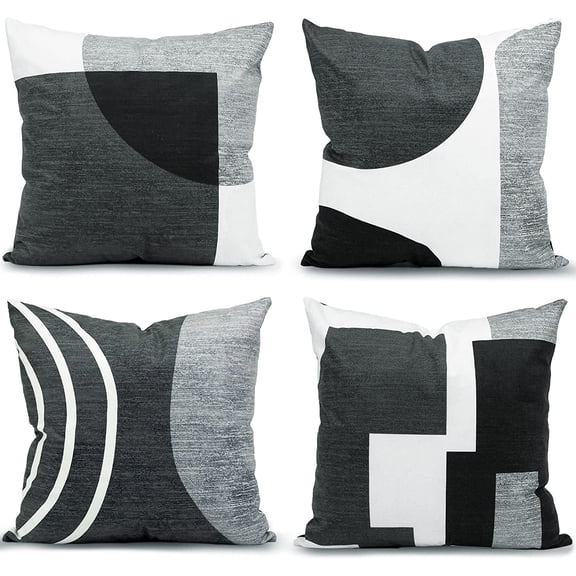 Set of 4 Black and White Throw Pillows for Couch Black Gray White Silver Decorative Pillow Covers Abstract Geometric Modern Pillowcases 30x30 inches for Bed Bedroom.