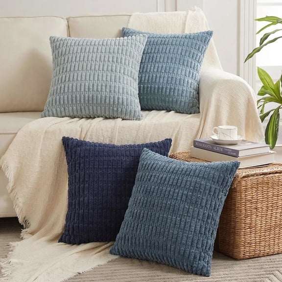 Set Of 4 Blue Decorative Throw Pillow Covers 12x12 Inch For Couch Bed Chair Modern Farmhouse Boho Room Decor Soft Fuzzy Corduroy Textured Striped Cushion Case 30cm