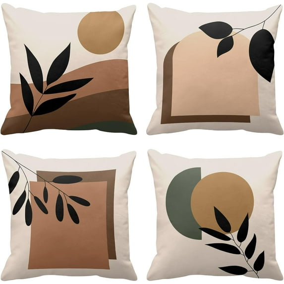 Set of 4 Boho Mid Century Beige Throw Pillow Covers 18x18 Inches Leaf Branch in Line Art Style Decorative Watercolor Polyester Pillow Cases Square Pillocases for Bed Sofa