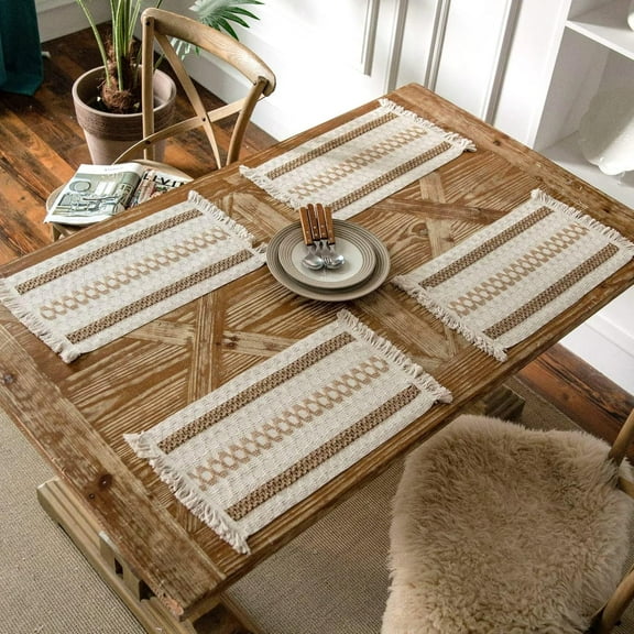 Set of 4 Boho Placemat Rectangle Handmade Macrame Cotton Table Mats Woven Jute Tassel Placemat Retro Table Decor Fringe Cotton Coffee Mat Kitchen Dining Table Farmhouse Decor Bohemian Style