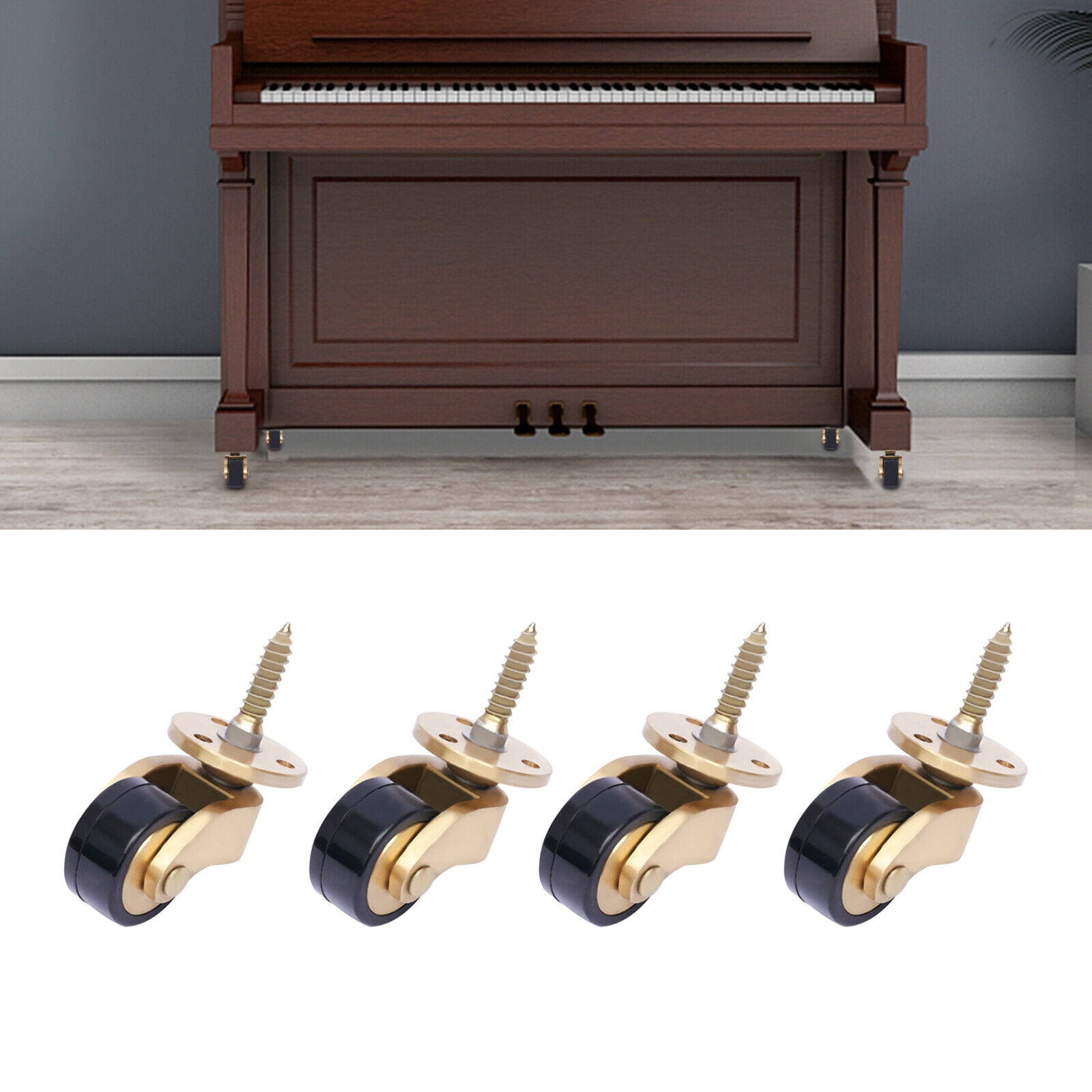 Set of 4 Brass Furniture Casters - 360° Swivel Wheels, Low Noise, High Load Capacity - Ideal for Cabinets, Chairs, and Trolleys - Includes 13 Mounting Screws