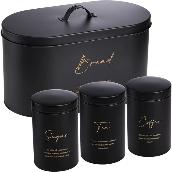 Set of 4 Bread Box and Canister Set for Kitchen Countertop, Metal Bread Bin Sugar Tea Coffee Storage Canister with Lid, Biscuit Tin Set for Loaf, Pastry, Dry Food, Black