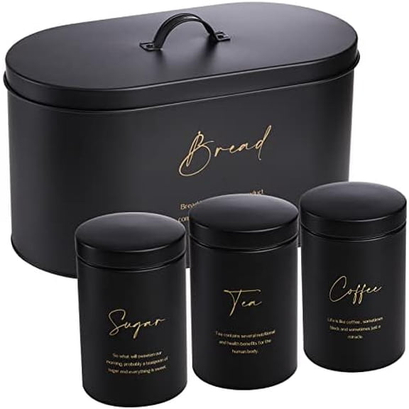 Set of 4 Bread Box and Canister Set for Kitchen Countertop, Metal Bread Bin Sugar Tea Coffee Storage Canister with Lid, Biscuit Tin Set for Loaf, Pastry, Dry Food, Black$$