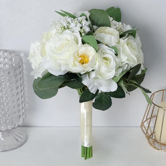 Set of 4 Bridesmaid Bouquets, 11 Inch Artificial Tossing Flower with Ribbons for Wedding Church Ceremony Bridal Shower Event Centerpieces Decorations - White