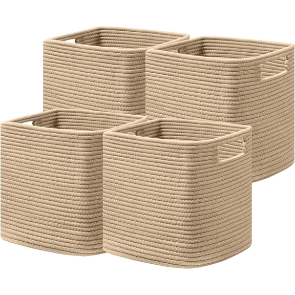 Set of 4 Brown Cotton Rope Storage Baskets, 12x12x12 in Woven Cube Storage Bins with Handles, Foldable Organizer Bins for Shelf Toy Book Home Organization