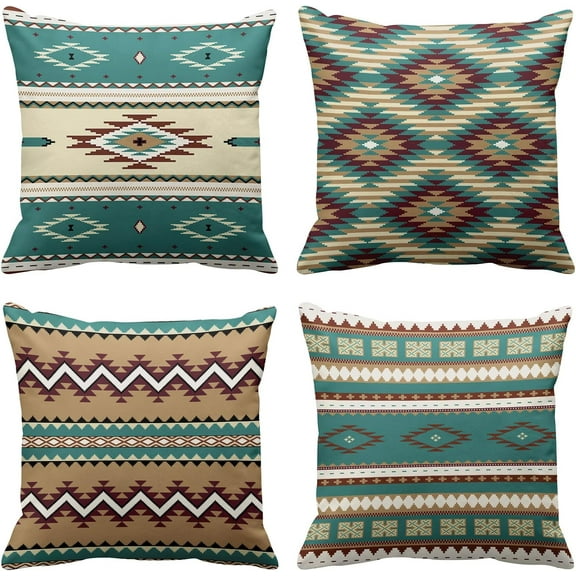 Set of 4 Brown Turquoise South Western Ethnic Throw Pillow Covers Tribal Native Seamless Pattern Decorative Pillow Cases Home Decor Standard Square 18x18 Inches Pillowcases