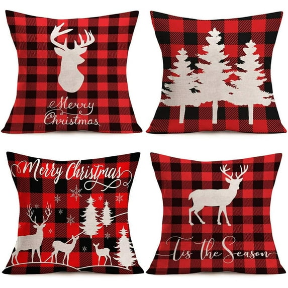 Set of 4 Buffalo Plaid Christmas Pillow Covers Christmas Trees Deer Reindeer Farmhouse Decorative Cotton Linen Throw Pillow Cases Snowflake 18x18 Inch Christmas Home Decoration (Plaid 4PS)