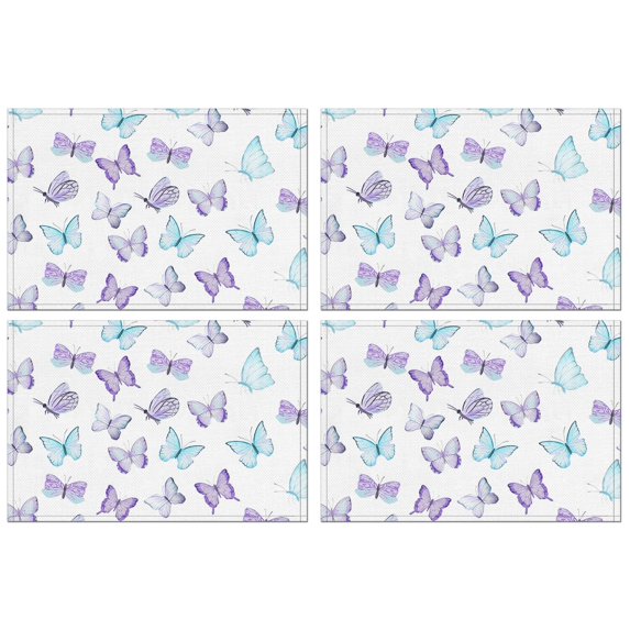 Set of 4 Butterfly Pattern Heat Resistant Flax Table Mats, Wrinkle Free Machine Washable Place Mats with Colorful Tropical Floral Artistic Design, Cute Aesthetic Style for Dining Table