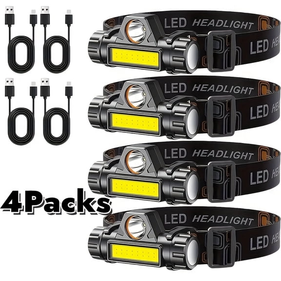 Set of 4 COB LED Headlamp Rechargeable Super Bright Long Lasting, Headlight for Head Long Range Hard Hat Light Clips for Headlamp, Hands Free Work Headlight with Magnetic Base Adjustable, Cycling Run