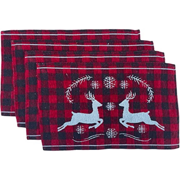 Set of 4 Chenille Textured Red Black Buffalo Plaid with Reindeer Design Christmas Tapestry Placemats for Holiday Season,Kitchen Dining Table Easy to Clean Size: 13" x 19".