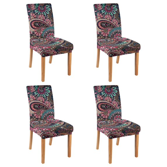 Set of 4 Chic Paisley Bohemian Dining Chair Covers Vintage Floral Ethnic Retro Colorful Pattern Washable Polyester Stretch Slipcovers Removable Protector for Elegant Dining Room