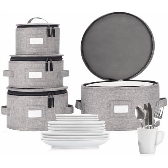 Set of 4 China Storage Cases for Dinnerware - Hard Shell and Stackable - Sizes: 12" - 10" - 8.5" and 7" W - 48 Plate Separators Included
