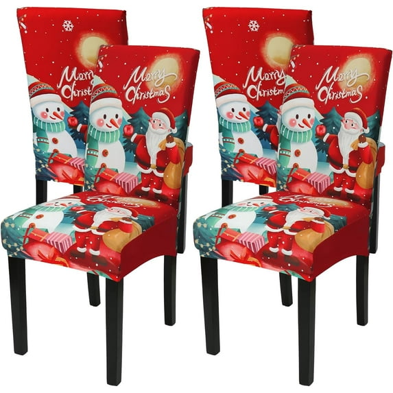 Set of 4 Christmas Chair Covers for Dining Chairs Merry Christmas Stretch Kitchen Parsons Chair Slipcovers Washable Santa Snowman Printed Chair Seat Cover for Xmas Holiday Party Home Decor