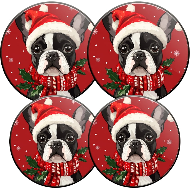 Set of 4 Christmas Electric Range Burner Covers, Cute Puppy in Santa hat Red Christmas Round Mental Gas Stove Burner Covers for Kitchen Decoration, Two Small 8 Inches and Two Large 10 Inches