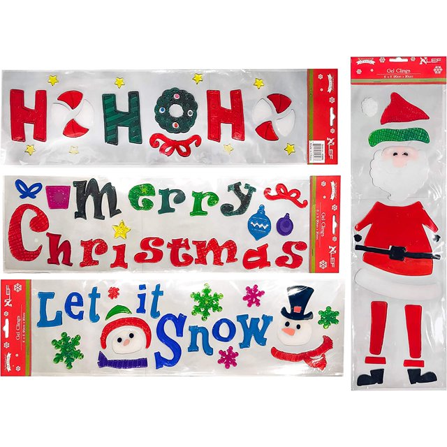 Set of 4 Christmas Gel Window Cling Sheets! Assortment of Shapes Santa