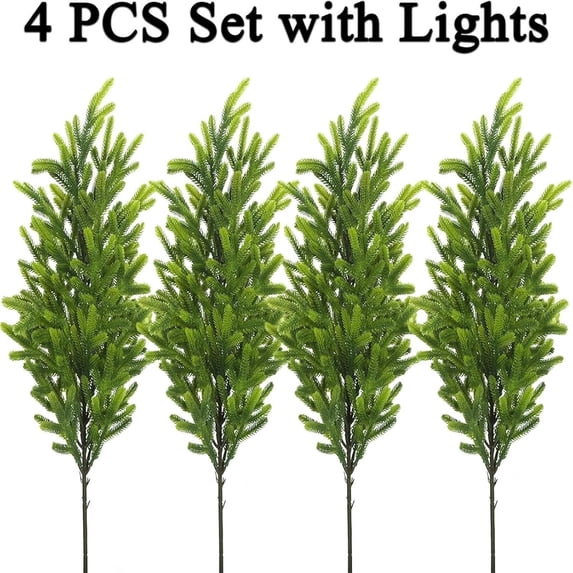 Set of 4 Christmas Lighted Norfolk Pine Branches with Warm White LED Lights, 35 Inch Realistic Artificial Pine for Holiday Decor, Flexible for Vases Centerpieces and Fireplace Mantel Decorations