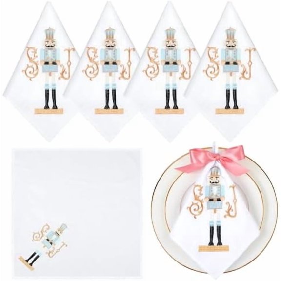Set of 4 Christmas Nutcracker Cloth Napkins 18 x 18 Inch Embroidery Reusable Washable Cotton Dinner Cloth Napkins Tabletop Collection for Xmas Dining Kitchen Party Wedding Decoration Supplies