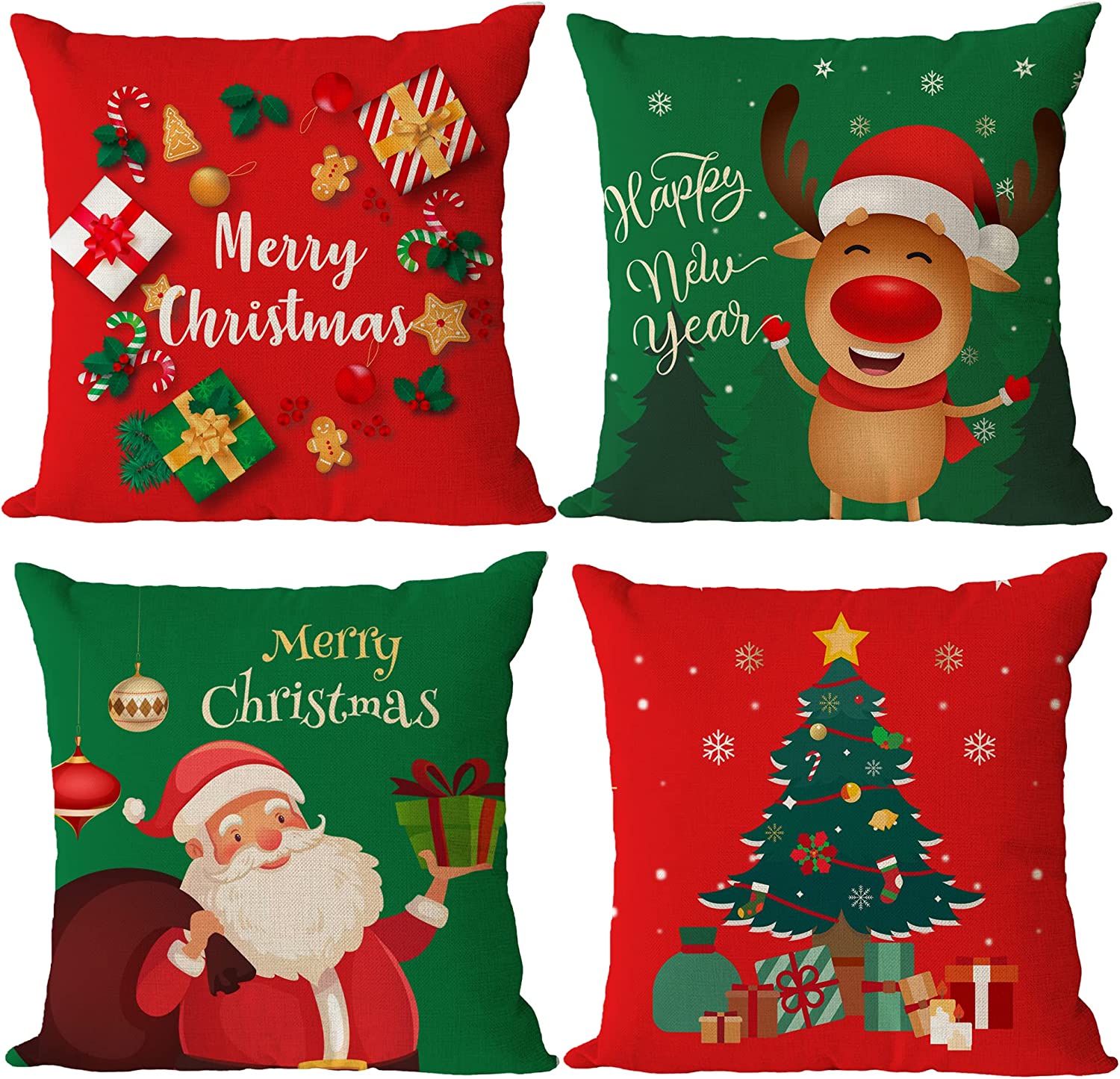 Set of 4 Christmas Pillow Covers 16x16 Inch Merry Christmas Pillow Cases Christmas Tree Throw