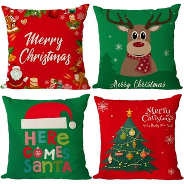 Set of 4 Christmas Pillow Covers 16x16 Inch Merry Christmas Pillow Cases Christmas Tree Throw Pillow Covers Red Green Xmas Holiday Pillow Covers Outdoor Couch Sofa Cushion Covers for Christmas(16)
