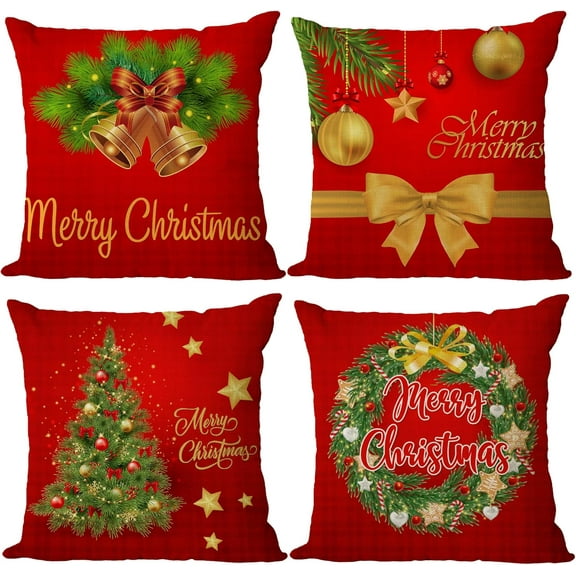 Set of 4 Christmas Pillow Covers 16x16 Inch Merry Christmas Pillow Cases Christmas Tree Jingle Bells Throw Pillow Covers Red Xmas Holiday Pillow Covers Outdoor Couch Sofa Cushion Covers(16)