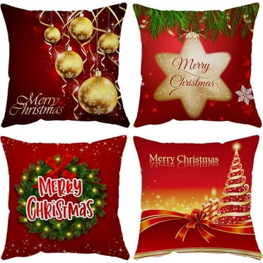 Set of 4 Christmas Pillow Covers 16x16 Inch Merry Christmas Pillow Cases Christmas Velvet Throw Pillow Covers Red Gold Xmas Holiday Pillow Covers Outdoor Couch Sofa Cushion Covers for New Year(16)