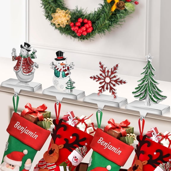 Set of 4 Christmas Stocking Holders for Mantle, Christmas Tree Weighted Stocking Holder, Snowflakes Stocking Hangers for Mantle,Christmas Stocking Holder for Fireplace Christmas Decorations