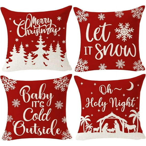 Set of 4 Christmas Throw Pillow Covers Snowflake Let It Snow Baby It''s Cold Outside Oh Holy Night Jesus Square Cotton Linen Cushion Case Farmhouse Sofa Home Decor 18 Inches (1-Red)