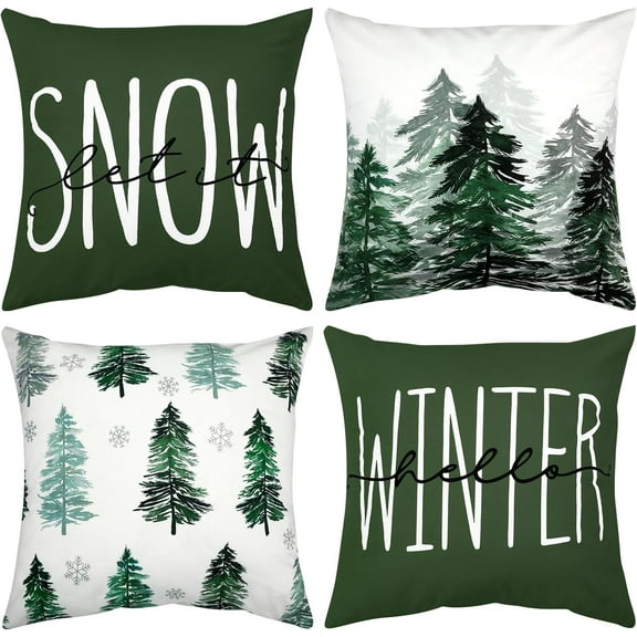 Set of 4 Christmas Tree Pillow Covers Green Winter Rustic Throw Pillows Cases 18 x 18 Inch Nature Forest Decorative for Couch Bed Sofa Holiday Home Decor