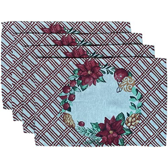 Set of 4, Christmas Wreath with Poinsettia Flower and Pine Cone Design Christmas Tapestry Placemats for Holiday Season, Home Decoration Kitchen Dining Table, Size: 13" x 19".