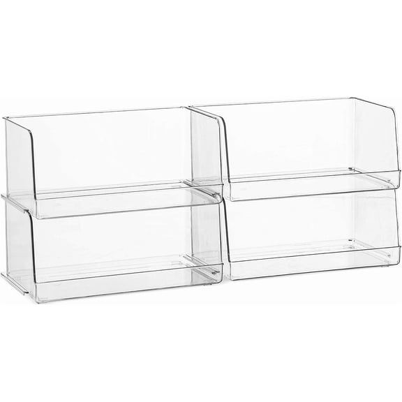 Set Of 4 Clear Pantry Organizer Bins Stackable Household Plastic Food Storage Basket with Wide Open Front for Kitchen, Countertops, Cabinets, Refrigerator, Freezer, Bedrooms, Bathrooms