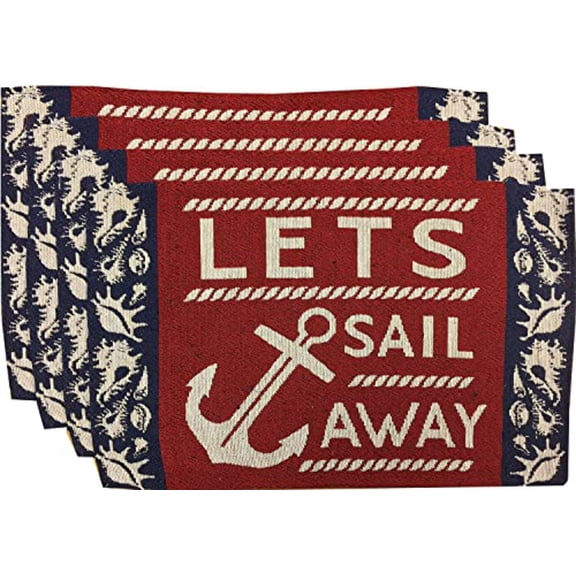 Set of 4, Coastal Nautical Beach Theme Anchor Tapestry Placemats Saying Let's Sail Away for Kitchen Dining Table Mats, Easy to Clean, Machine Washable. Size: 13" x 19".