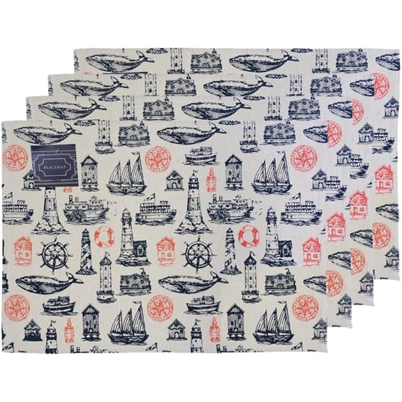 Set of 4, Coastal Nautical Elements Lighthouse, Boat, Ship Wheel, Fish Tapestry Placemats for Kitchen Dining Table Mats, Easy to Clean, Machine Washable. Size: 13" x 19".