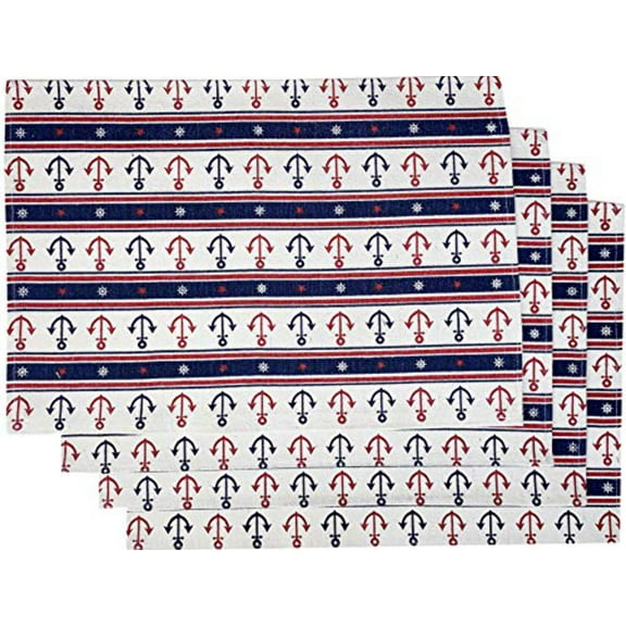 Set of 4, Coastal Nautical Helm Wheel, Anchor  Star Design Tapestry Placemats for Kitchen Dining Table Mats, Easy to Clean, Machine Washable. Size: 13" x 19".