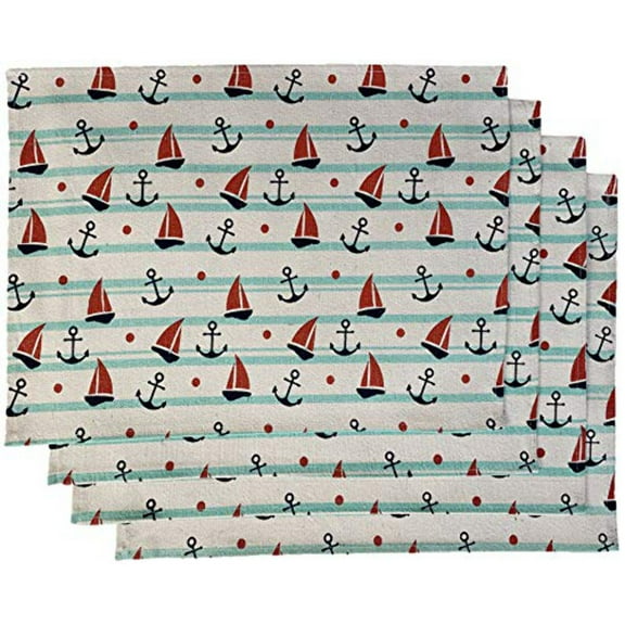 Set of 4, Coastal Nautical Sailing Boat Anchor Design Tapestry Placemats for Kitchen Dining Table Mats, Easy to Clean, Machine Washable. Size: 13" x 19".